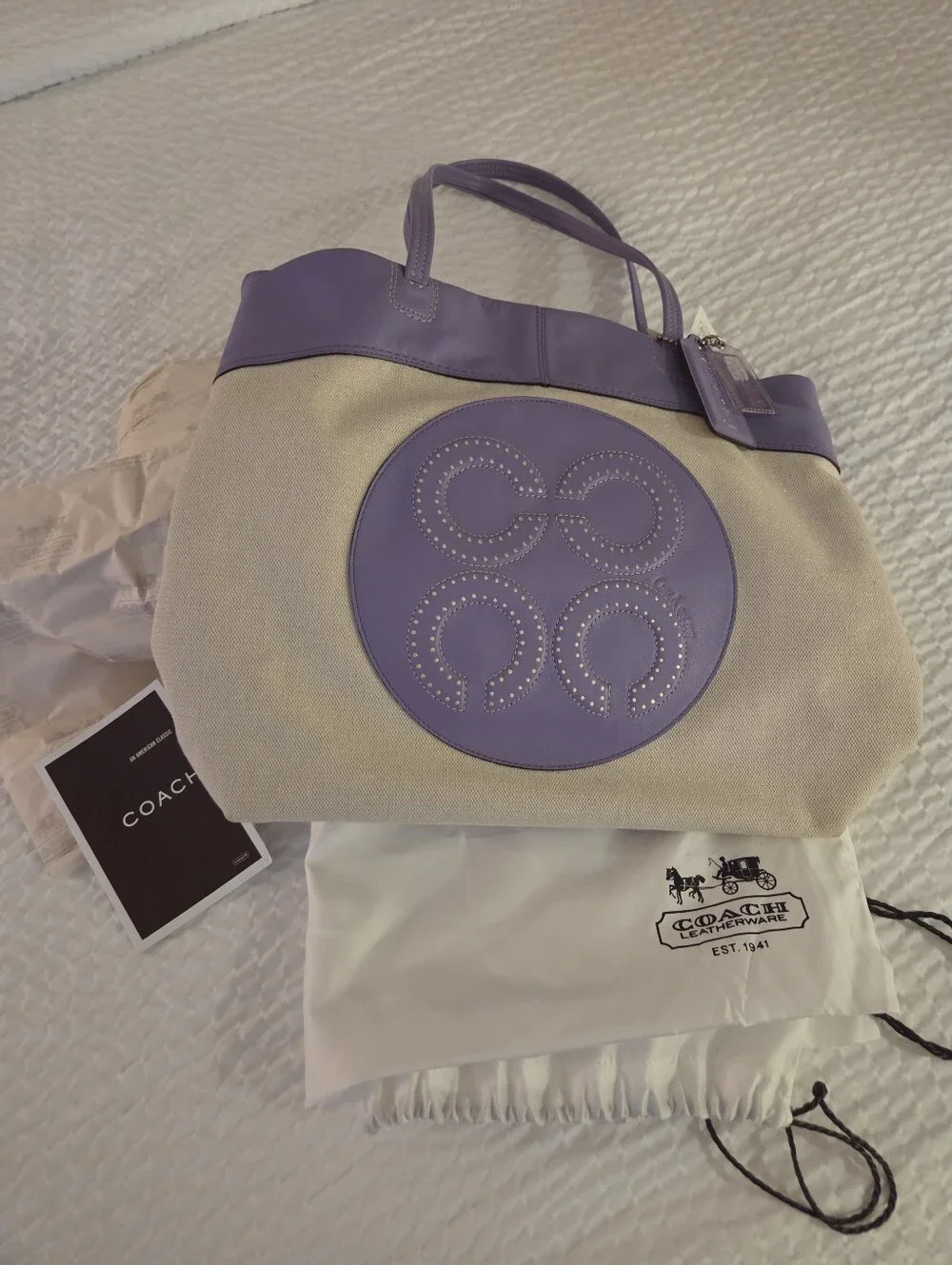 Coach 2010 Julia Opa Perry Natural And Lilac Leather-Trim Tote Bag (15014)